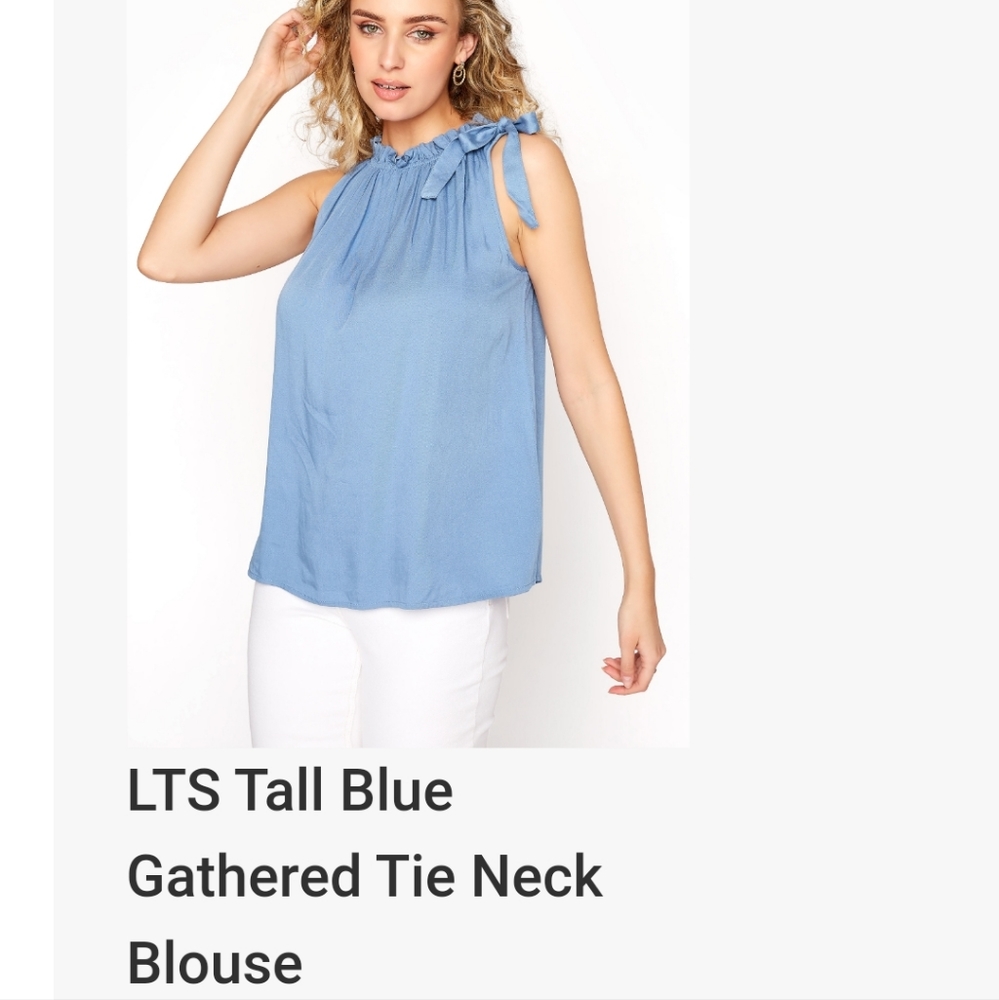 LTS Tall Blue Gathered Tie Neck Blouse